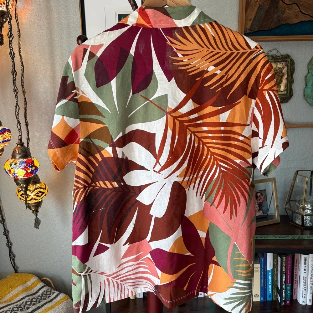 Vitamin A Tropical Linen Blend Button‎ Front Shirt Leafy Resort Aesthetic Size L